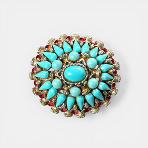 Vintage Turquoise Spike Brooch Red Rhinestone Cluster Gold Tone Statement Pin 19